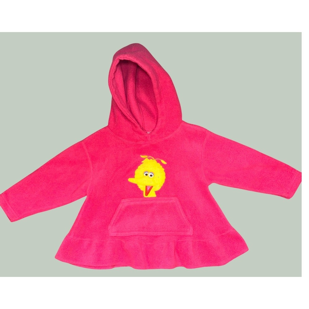 Sesame Street Big Bird Pink Fleece Hoodie Dress 24M Girls Y2K Ruffle Pullover